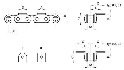 ČZ válečkové řetězy s unašecími destičkami - K1-K2, L1-L2